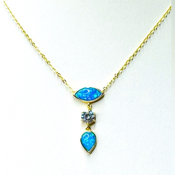 Blue Opal w/Simulated Stone on 18K Gold & Sterling Silver - Picture 1 of 6